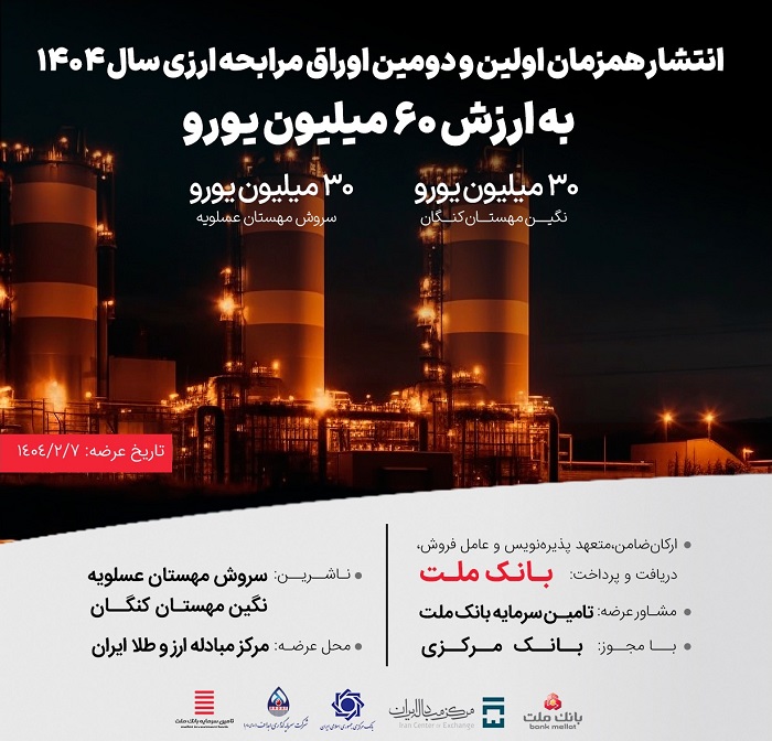  انتشار ۶۰ میلیون یورو اوراق مرابحه ارزی بانك ملت برای 2 پروژه بزرگ پتروشیمی